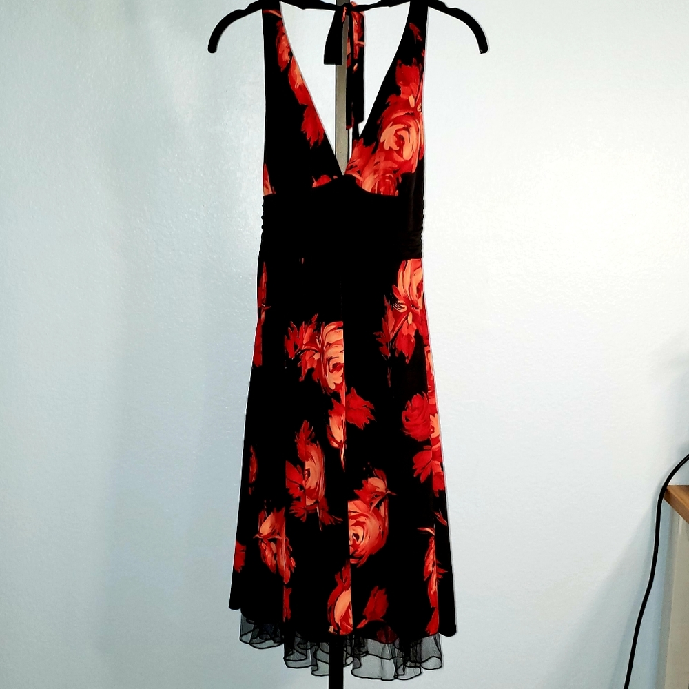 Rose Print Halter Fit & Flare Dress w/Petticoat